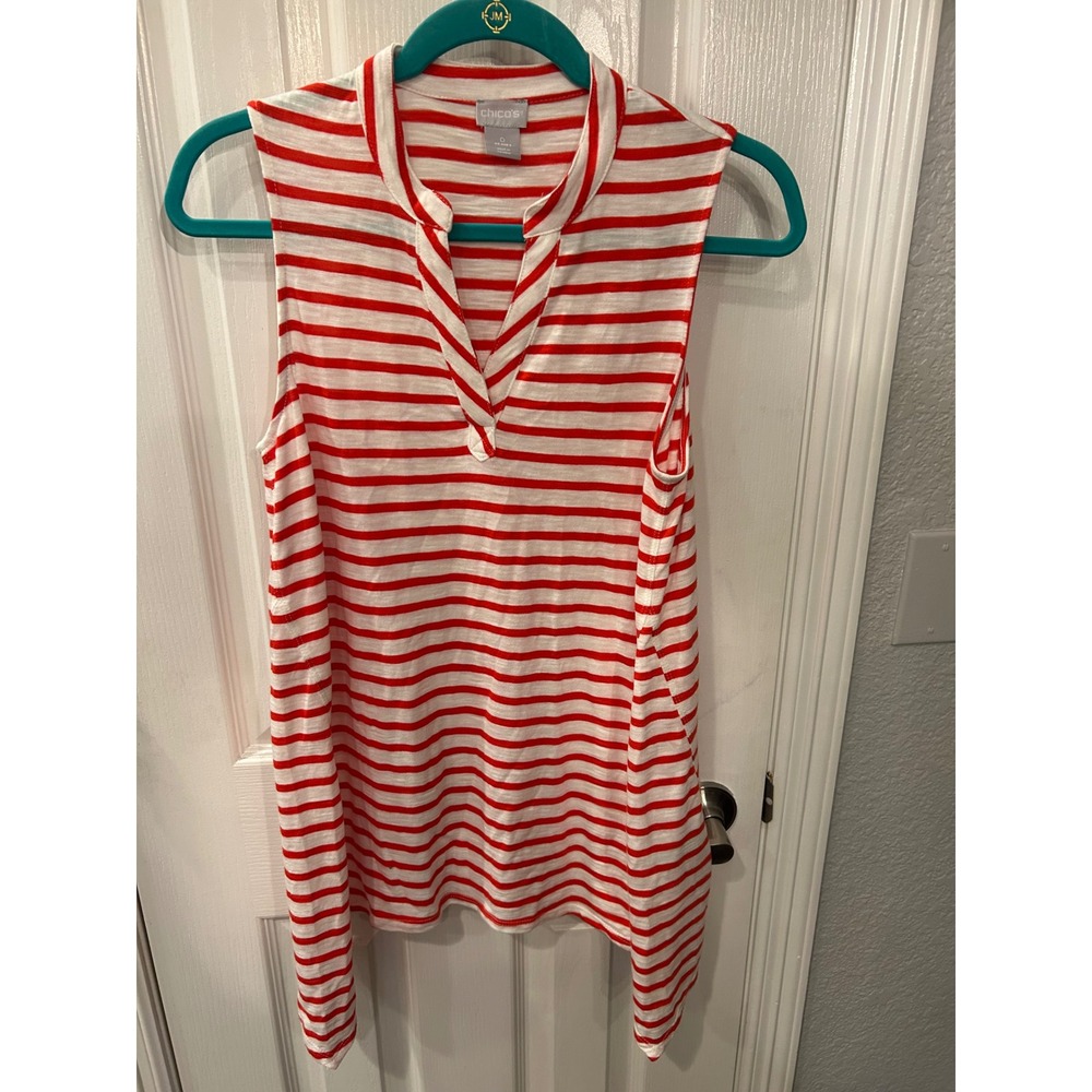 Chico's Sleeveless Tunic Red White Striped Sharkbite Hem Split V-Neck Tank Top